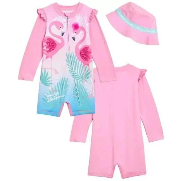 Tommy Bahama Girls Pink Long Sleeve Flamingo Swimsuit Size 3/6 M - Picture 1 of 4